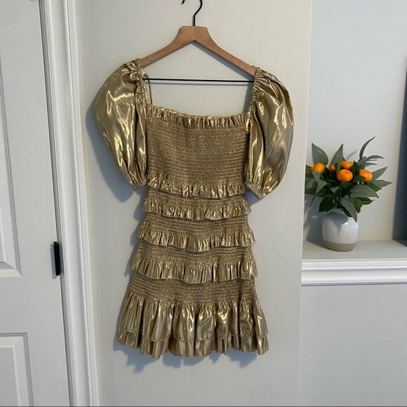 V. Chapman Gold Metallic Smocked Tiered Puff Sleeve Mini Dress 0 - Picture 15 of 16